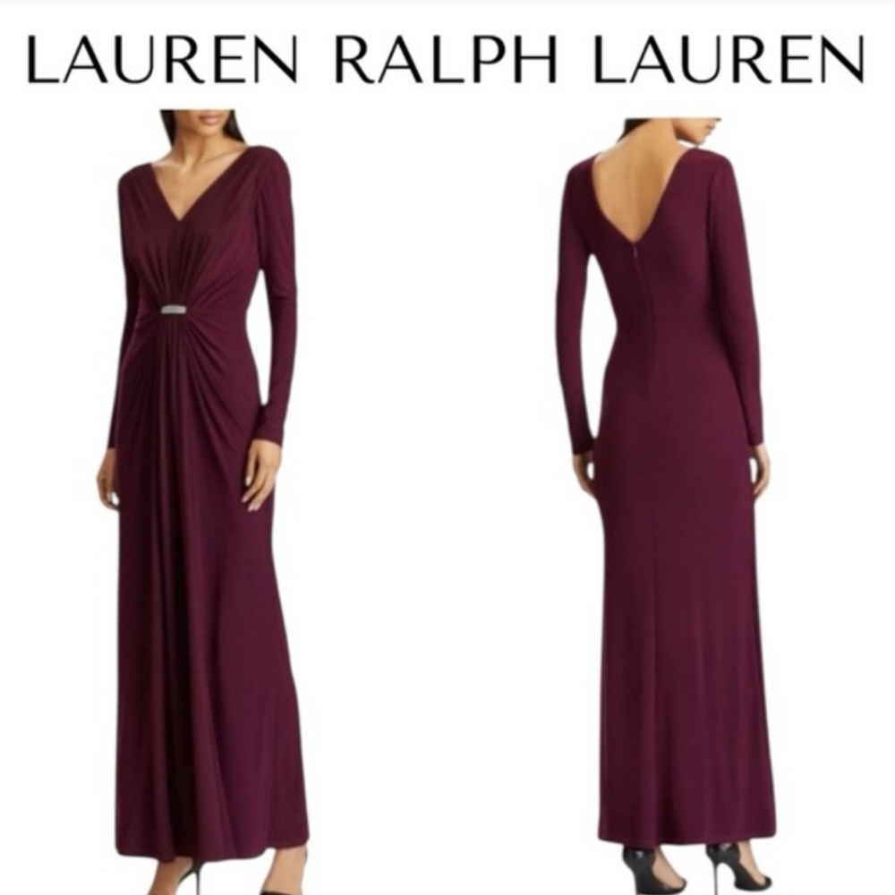 Lauren Ralph Lauren Plum Long Sleeve Ruched Waist Dress.